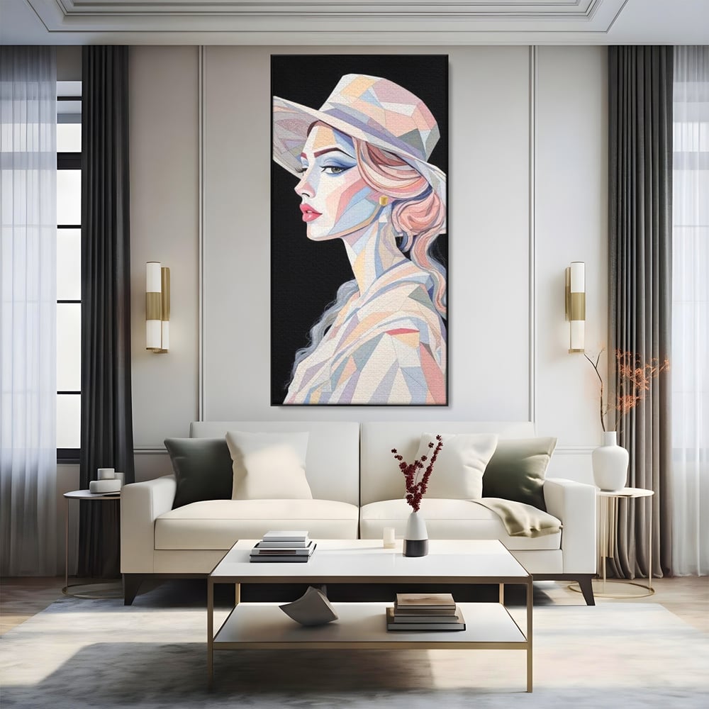 Tablou canvas cu tablou canvas cu femeie in stil cubist, in rama de aluminiu negru, pe perete intr-un living